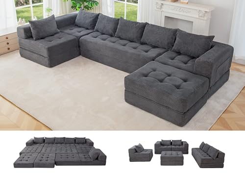 Image of MAXYOYO Modular Sectional Sofa Couch, Foldable U Shaped Cloud Couch with Pillows, Tufted 7-Seat Boneless Lounger Floor Sofa Bed for Living Room, No Assembly Required, Dark Grey