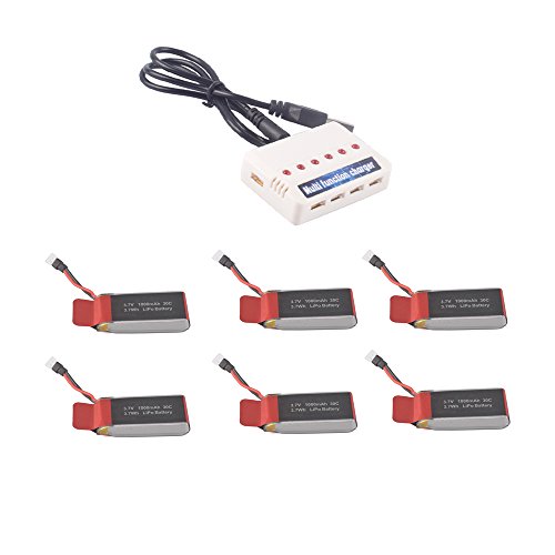 YouCute Upgrade 6pcs 3.7V 1000mAh Battery and 1to6 Charger for UDI U45 U45W DROCON X708W U42 U42W U42WH CW4 Blue Jay Raven RC Quadcopter Drone Spare Parts(6 Batteries + Charger)