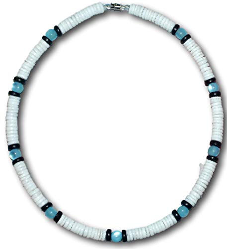 Native Treasure 18 Inch Mens/Womens White Clam Heishe Puka Shell Necklace Blue Cat-Eye Black Coco Surfer Necklace Choker- 8Mm (5/16") #TOP3