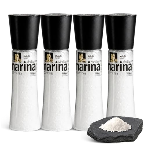Sal Marina Mediterránea Carmencita, Formato molinillo gigante, Apta para realzar tus platos, sazonar carnes, pescados y verduras, especialmente a la parrilla, Sin Gluten, Contiene 4 unidades de 360 g