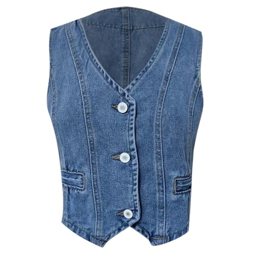 Women's Denim Vest Tops Button Down V Neck Asymmetrical Crop Jean Vest Jackets Fashion Dress2