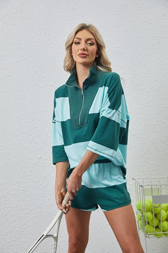 Women Two Piece Workout Short Sets Striped Lounge Set Oversized Half Sleeve Shirt and Shorts Tennis Tracksuit4