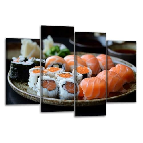 Canvas Wall Art Prints Pictures Sushi roll japanese food Roll set niguiri skin tuna Japanese Framed Posters Modern Wall Painting Artwork Gift Home Decor for Living Room Ready to Hang 4 Panel