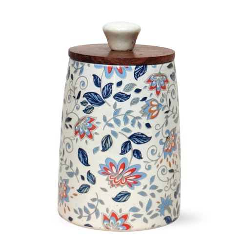 Image of Vistas 'Blue Bloom' 1 Piece Airtight 420ml Ceramic Jar for Kitchen Storage | Handcrafted Ceramic Barni with Wooden Lid | Multipurpose Pickle, Spice & Salt Container