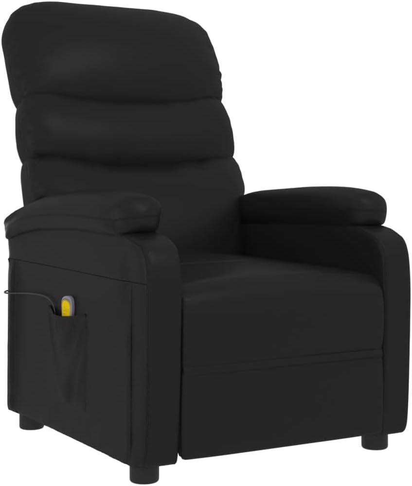 vidaXL - Modern Relaxation Massage Recliner Chair in Black Faux Leather with Adjustable Backrest and Footrest, 6-Point Vibration Massage, USB Connector and Side Pocket, Easy Assembly
