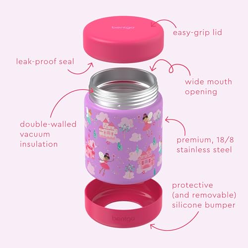 Image of Bentgo Kids Stainless Steel Leak-Proof Food Jar for Hot or Cold Food | 11 fl oz Double Insulated Container with Removable Silicone Bumper, Dishwasher Safe, Easy Open Lid, Ages 3+ (Fairies)