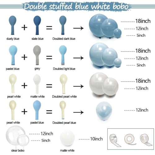 Image of Dusty Blue and White Balloons Garland Double Stuffed Pearl Light Blue Bobo Balloon Arch Kit for Birthday Baby Shower Wedding Bridal Cinderella Frozen Winter Party Decorations