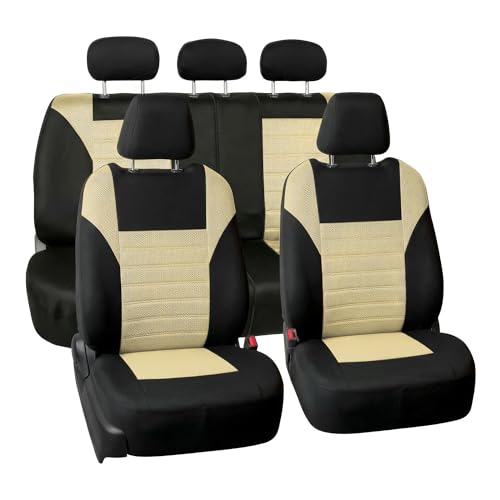FH Group Automotive Car Seat Covers Full Set Premium 3D Air Mesh Front Seat Covers, Airbag Compatible & Split Bench Cover Universal Fit Interior Accessories for Cars Trucks and SUVs - Beige