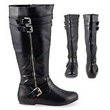 Twisted Shelly Women’s Knee High Wide Calf Boots, Vegan Leather, Ankle Buckle Shoes, Black, Size 11