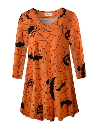 LARACE Plus Size Tops 3/4 Sleeve Halloween Shirts For Women V Neck Tunic Flare Swing Blouses Basic T-shirts(Flower58 2X)