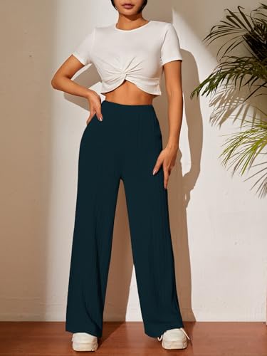 Image of TOPLOT Ribbed Knit Trousers for Woman | High Waist Wide Leg Palazzo Pants with Elastic Waist | Straight Relaxed Fit Casual, Office, Travel & Lounge Wear (5252)