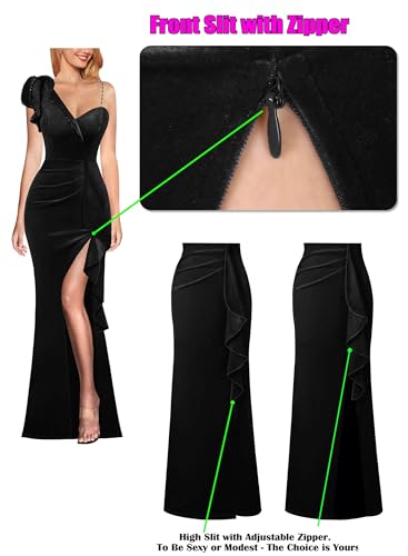 Image of VFSHOW Womens Formal Prom Elegant Ruffle One Shoulder Beaded Strap Ruched Slit Maxi Dress Wedding Evening Long Gown