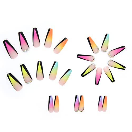 Qingge Colorful Press On Nails Long Length Coffin Fake Nails With Gradient Rhinestones Design Luxury Glossy Matte Acrylic Nails Stick On Nails Tips Glue On Nails False Nails For Women 24Pcs #TOP3