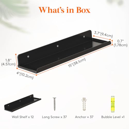 Image of Lifewit Acrylic Floating Shelves for Wall 14 inch Black, 12 Pack | Wall Mounted Display Shelf for Figure, Car, Art, Book, Perfume Organizer for Bedroom, Living Room, Nursery Decor