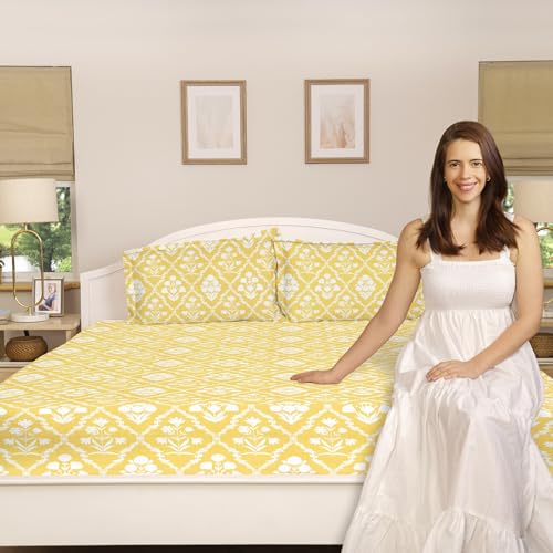 Image of haus & kinder Bedsheet Queen Size Bed Cotton | 186 TC Bed Sheet Double Bed with 2 Pillow Covers (100 x 90 Inches) | Soft Breathable Fabric - Festive Floral