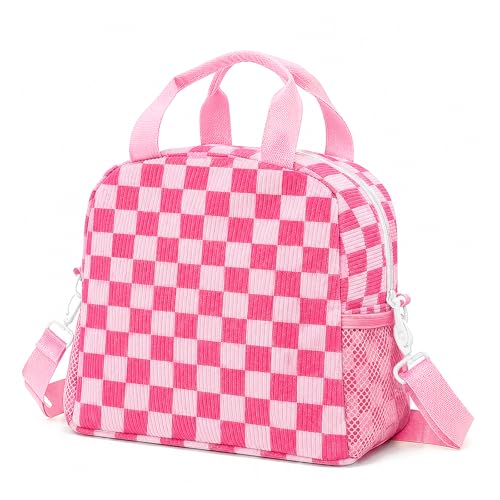 Lunch Box for Women Men Adult Insulated Lunch Bag Lightweight Reusable Leakproof Cooler Corduroy Lunch Tote Bags with Adjustable Shoulder Strap for Work Travel Picnic.(Red and Pink Checkered Plaid)