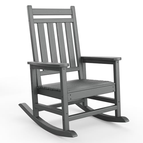 Garvee Mecedora de Jardín de HDPE Silla Balancín Exterior con Respaldo Cuadrado 4 Listones Textura de Madera para Terraza Porche Patio Sillón Relax Ergonómico Resistente 74x85x113 cm Gris