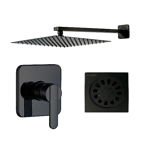 MEER Faucets by CNX Kit de Regadera con Cuello, Mezcladora Monomando y Resumidero con Rejilla de Latón, Kit de Regadera para Baño Negro Mate