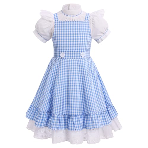 OBEEII Kids Girl Blue and White Checked Dress Bows Summer Casual Short Sleeve Blue Gingham Dress