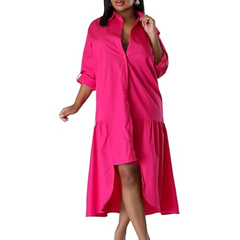 Mojessy Womens Button Down Shirt Dress Long Sleeve High Low Hem Casual Loose Maxi Dresses Rose Red Cover