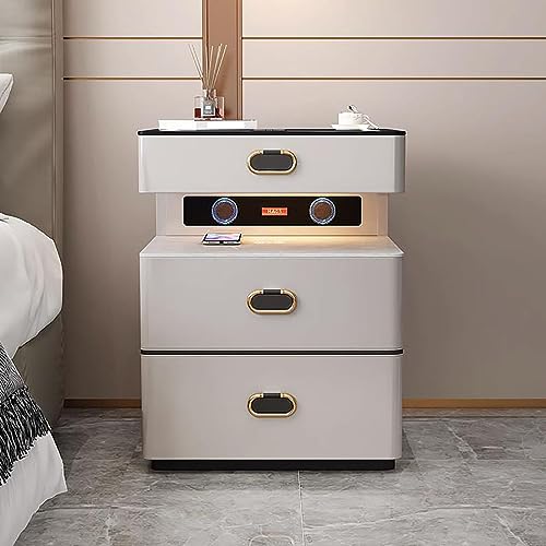 JDXQBLD Bedside Table with Dual Wireless Charging and Bluetooth Sound System 2 Layer Desktop Touch Sensing Drawer Type End Table for Bedroom or Living Room，Grey