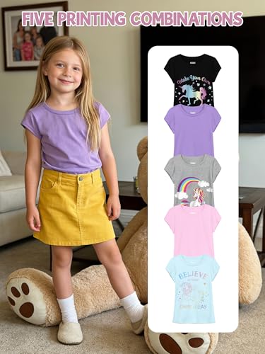 Image of QWE 5 Pack Girls Shirts Cotton Short Sleeve Shirts for Girls Graphic Kids Tops Tees Clothes Summer T-Shirts 5-12Y