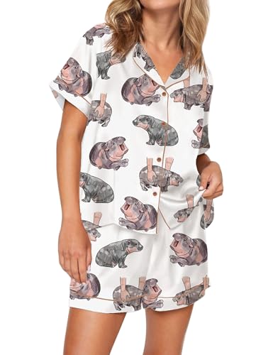Image of SHESHOW Satin Pajamas for Women Set Preppy Animals Pjs Short Sleeve Shorts 2 Piece Loungewear Sets XS-XXL