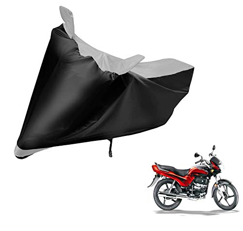 Image of Auto Hub Bike Cover Compatible with Hero Passion Plus with Mirror Pocket, Dustproof, Heat Resistant, Triple Stitched, Passion Plus Bike Cover- Black, Silver