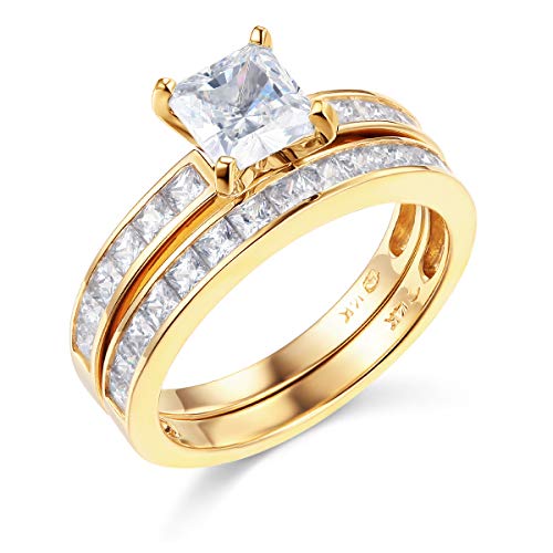 Wellingsale Ladies Solid 14K Yellow Gold Polished Cz Cubic Zirconia Princess Cut Engagement Ring With Side Stones And Wedding Band Bridal Set - Size 7 #TOP1