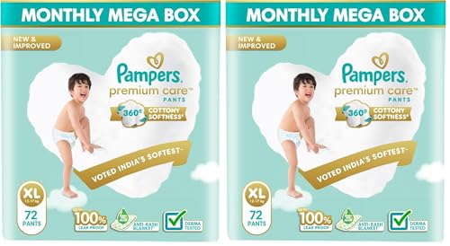 Image of Pampers Premium Care Pant Style Baby Diapers | Extra-Large (XL size) | 72 Count | Voted India's Softest | All-in-1 with 360 Cottony Softness Diapers | 12-17kg (Pack of 2)