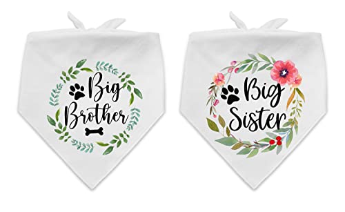 2 Pack Big Brother Sister, White Flower Pattern Cotton Pet Bandana, Gender Reveal Photo Prop for Dog Lovers Owner Gifts