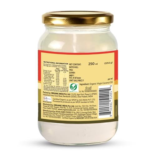 Image of Organic India Virgin Coconut Oil, 250ml | Labs Tested on 250+ Parameters | Certified Organic| Cold Pressed | Extracted from Coconut Milk | Authentic Flavour | Multipurpose Premium Coconut Oil