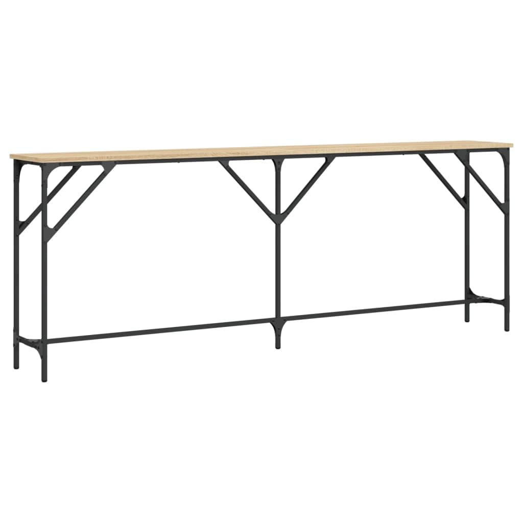 Stolik konsolowy dąb Sonoma 200 x 29 x 75 cm, materiał drewnopochodny z metalową ramą i regulowanymi nogami, do przedpokoju lub salonu, trwały i stabilny z wytrzymałym blatem stołu.