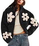 Maixang Womens Floral Print Sherpa Fleece Jackets Winter Zipper Cropped Coat Casual Long Sleeve Outwear with Pockets(Black,XL)