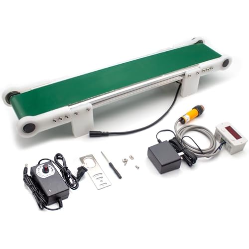Cinta transportadora pequeña con velocidad ajustable y contador automático, perfecta para experimentos de fricción en laboratorios de ciencias y proyectos educativos