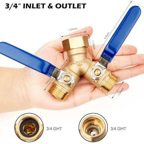 Image of SheeChung RV Hose Splitter 2 Way Heavy Duty, Garden Hose Splitter with Stainless Steel Long Handle, Brass Outdoor Faucet Y Valve Splitter, Full Flow Splitter for 3 /4 inch GHT Threads Hose Connector, Blue