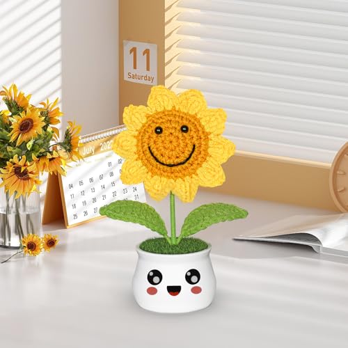 Weldomcor Regalo de girasol sonriente para mujer, regalo de apoyo emocional hecho a mano, flores artificiales de ganchillo para hogar, oficina, escritorio, coches, decoración de salpicadero