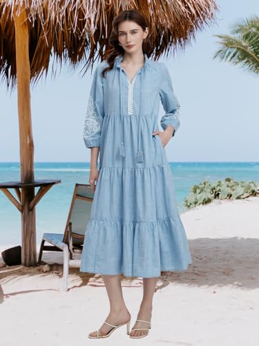 D-Sun Women Long Sleeve Maxi Dress V Neck Embroidered Tiered Ruffle Shirt Dress Casual Fall Flowy Long Beach Dresses3