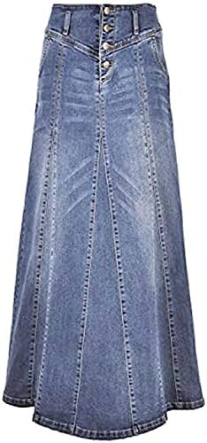 CHARTOU Women's Retro Exposure Button-Fly Packaged Hip A-Line Maxi Long Denim Skirt (Small, Light Blue)