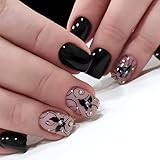 24Pcs Black Butterfly Press on Nails with Vines Design, Rhinestones Manicure Art Acrylic Short Square Full Cover Fake Nails Stick on Nails Glossy Black Curve False Nails Gel Glue on Nail for Women