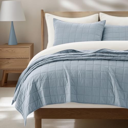 EVERGRACEHOME 100% Cotton Box Stitch Quilt Set, King Size, Blue Linen