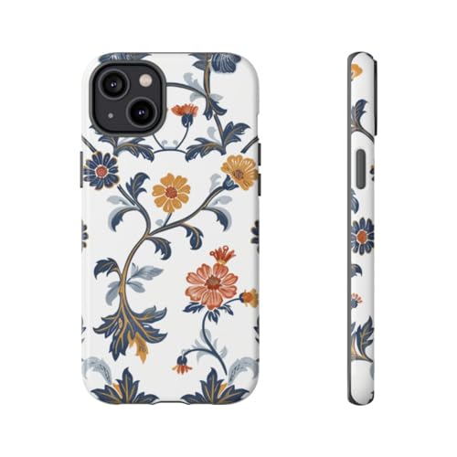 Coque iPhone 14 Plus motif floral rétro bleu et orange solide et brillante