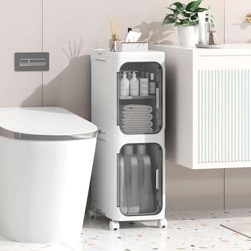 Enjinkail Badezimmerschrank, 20cm Schmaler badschrank aus Kunststoff mit Tür, wasserdichter Kleiner Rollwagen mit Rädern, Regal für Badezimmer, Wohnzimmer, Küche (20W*67H*34D)