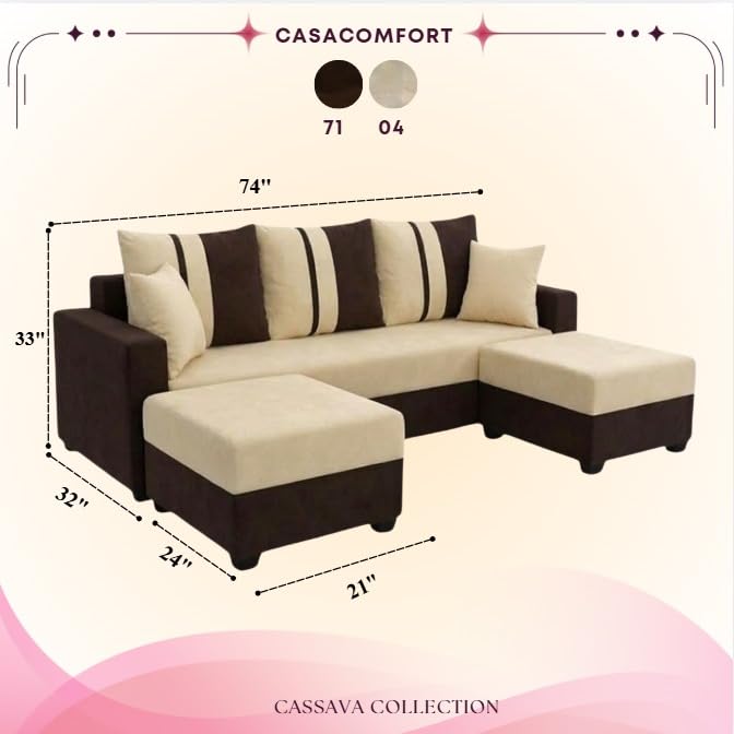 Image of Zenix 5 Seater L Shape Sofa Set with 2 Movable Ottomans | Flexible Layout | Rich Velvet Suede Fabric | Silver Legs | Spacious Seating | Modern Sofa for Living Room (Dark Brown-Cream)