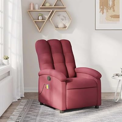 KHNLGFR Wine Red Fabric Massage Recliner Chair with 6 Massage Points, Manual Reclining up to 135 Degrees, Side Pocket, USB Powered Vibration Wood and Metal Frame
