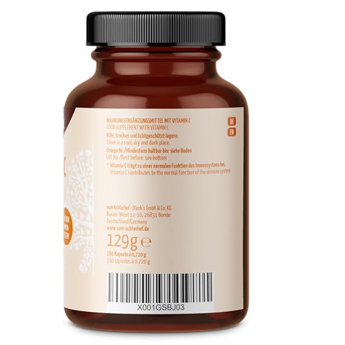 Vitamin C 180 Kapseln | natürliches Vitamin C aus Acerola-Hagebutte & Camu Camu Extrakten | hochdosiert 234 mg natürliches Vitamin-C | 100% Vegan | frei von unerwünschten Zusatzstoffen | vom Achterhof