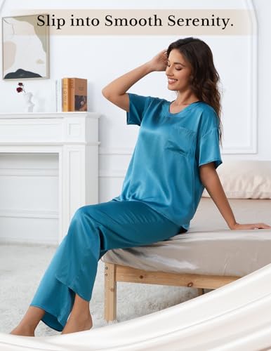 Image of THXSILK Mulberry Silk Womens Pajama Set with Pocket, 2 Piece Lounge Sets for Women, Short Sleeve Sleepwear