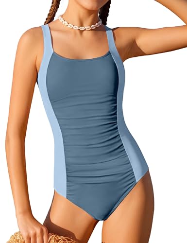Image of BAVEDER Girls Swimsuit One Piece Swimsuits Solid Ruched Bathing Suit for Girls Full Coverage Modest Padded Swimwear 9-18y