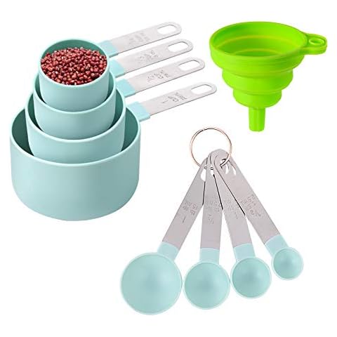 Measuring Cups and Spoons Set, Newegger 8Pcs Plastic Measure Cups with Stainless Steel Handle and Silicone Collapsible Funnel, for Dry and Liquid Ingredient (Lake blue) Cover