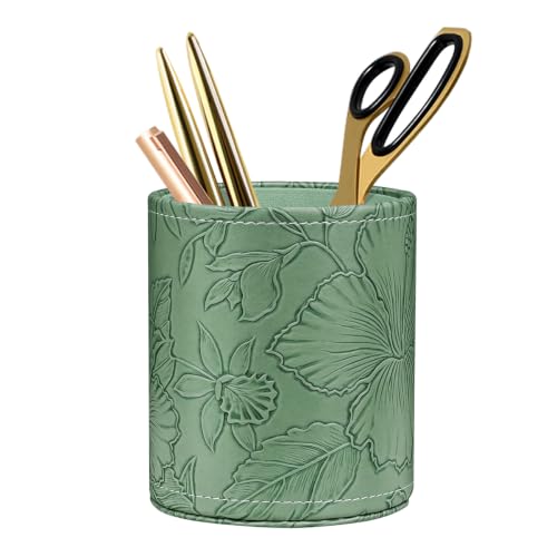 Image of Round Leather Pen Holder for Desk, Desktop Organizer, (Carved Green)